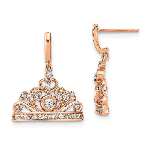 14k Rose Gold Polished Real Diamond Tiara Dangle Post Earrings