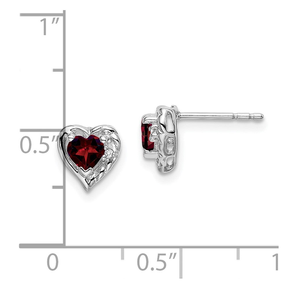 14k White Gold Garnet and Real Diamond Heart Earrings