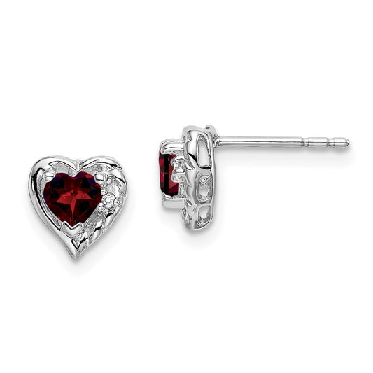 14k White Gold Garnet and Real Diamond Heart Earrings