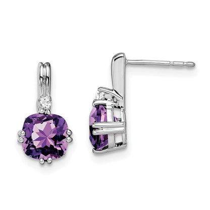14k White Gold Cushion Amethyst and Real Diamond Earrings