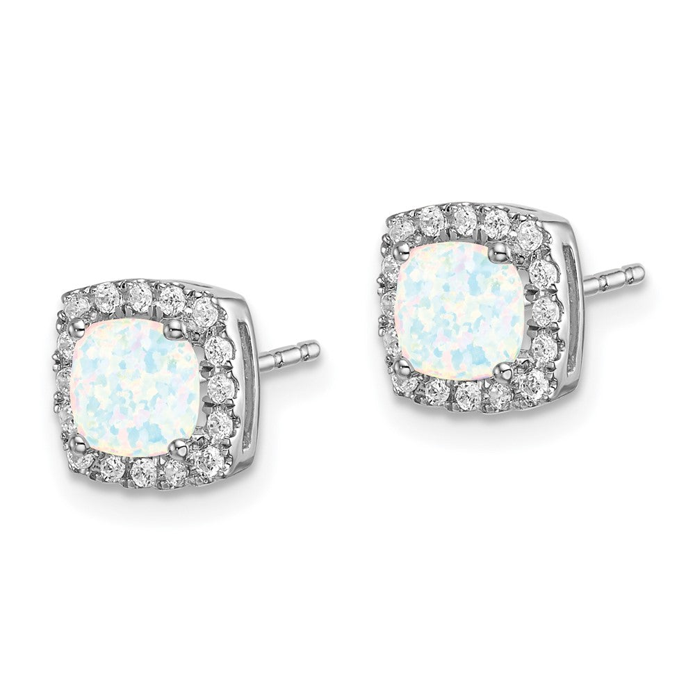 14k White Gold Cushion Created Opal and Real Diamond Halo Earrings