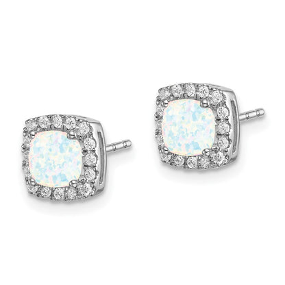 14k White Gold Cushion Created Opal and Real Diamond Halo Earrings