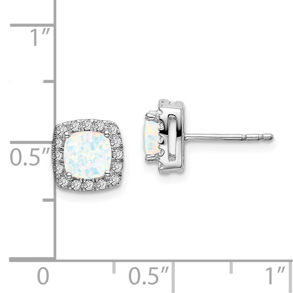 14k White Gold Cushion Created Opal and Real Diamond Halo Earrings