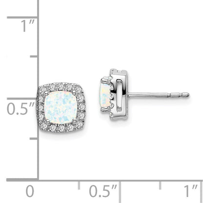 14k White Gold Cushion Created Opal and Real Diamond Halo Earrings