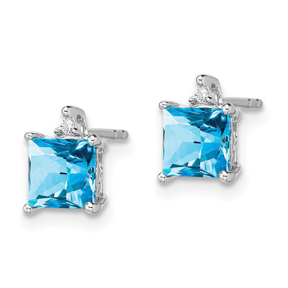 14k White Gold Princess Blue Topaz and Real Diamond Earrings