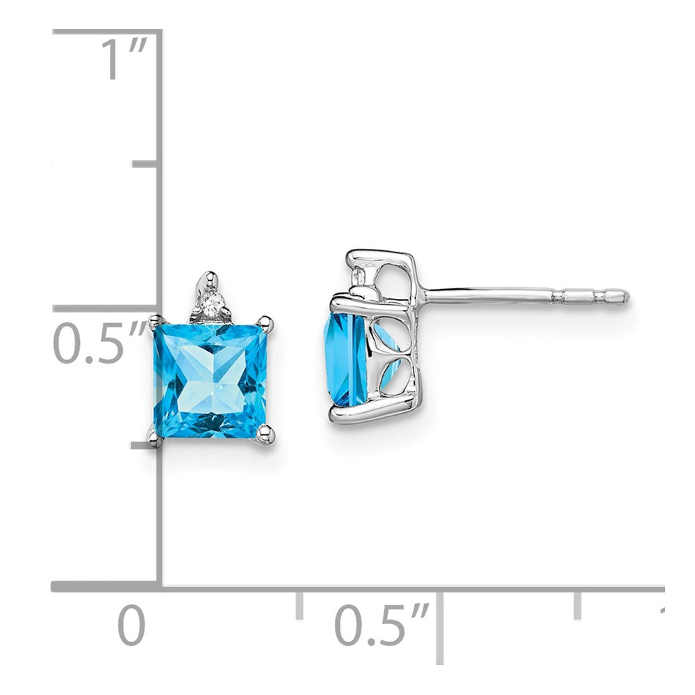 14k White Gold Princess Blue Topaz and Real Diamond Earrings