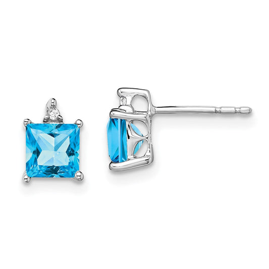 14k White Gold Princess Blue Topaz and Real Diamond Earrings