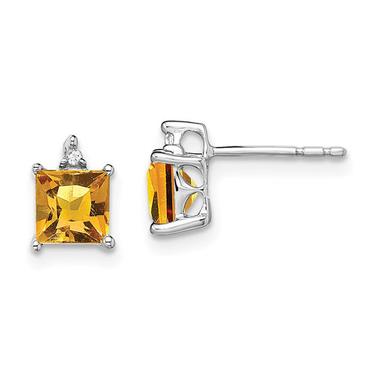 14k White Gold Princess Citrine and Real Diamond Earrings