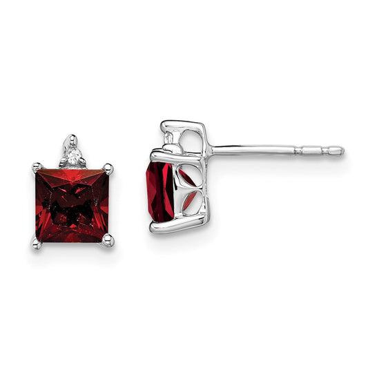 14k White Gold Princess Garnet and Real Diamond Earrings