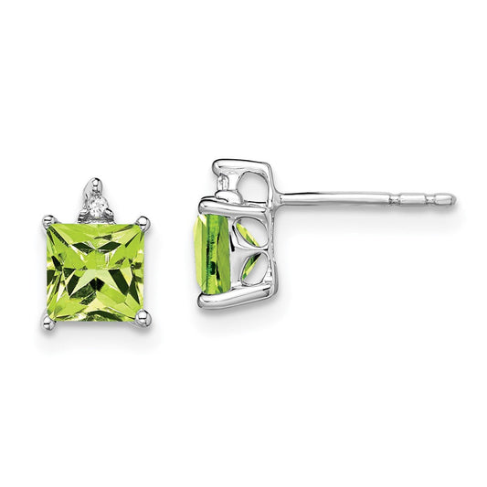 14k White Gold Princess Peridot and Real Diamond Earrings