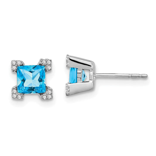 14k White Gold Square Blue Topaz and Real Diamond Earrings