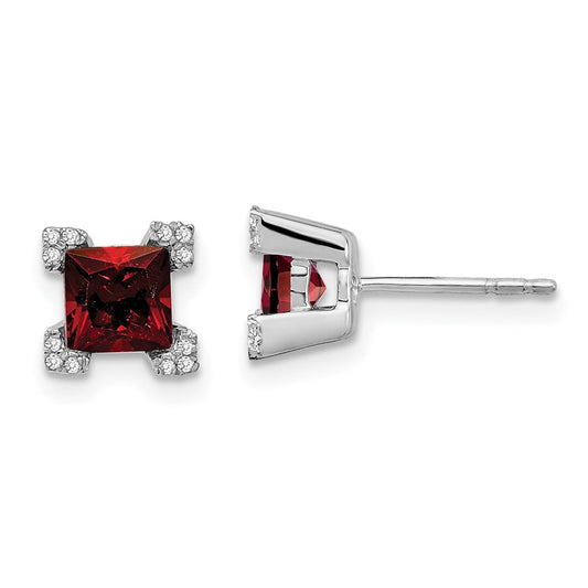 14k White Gold Square Garnet and Real Diamond Earrings
