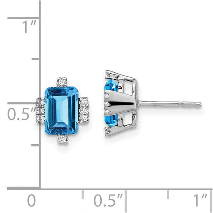14k White Gold Emerald-shape Blue Topaz and Real Diamond Earrings
