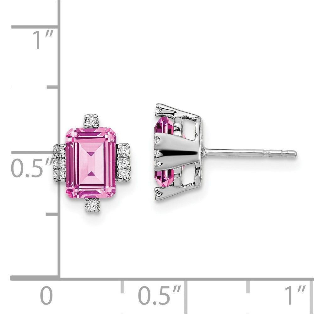 14k White Gold Emerald-shape Creat. Pink Sapphire/Real Diamond Earrings