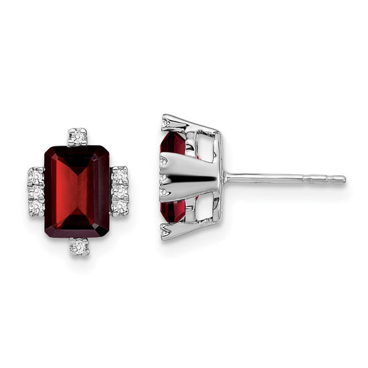 14k White Gold Emerald-shape Garnet and Real Diamond Earrings
