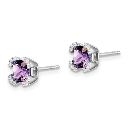 14k White Gold Cushion Amethyst and Real Diamond Earrings