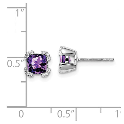 14k White Gold Cushion Amethyst and Real Diamond Earrings
