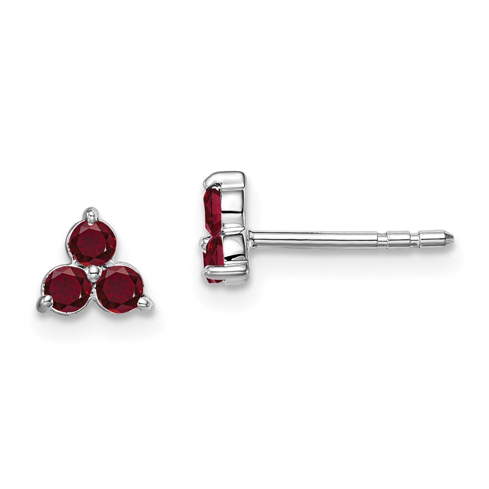 14k White Gold 3-stone Created Ruby Triangle Earrings