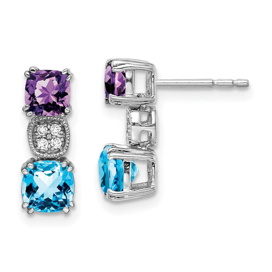 14k White Gold Amethyst/Blue Topaz/Real Diamond Earrings