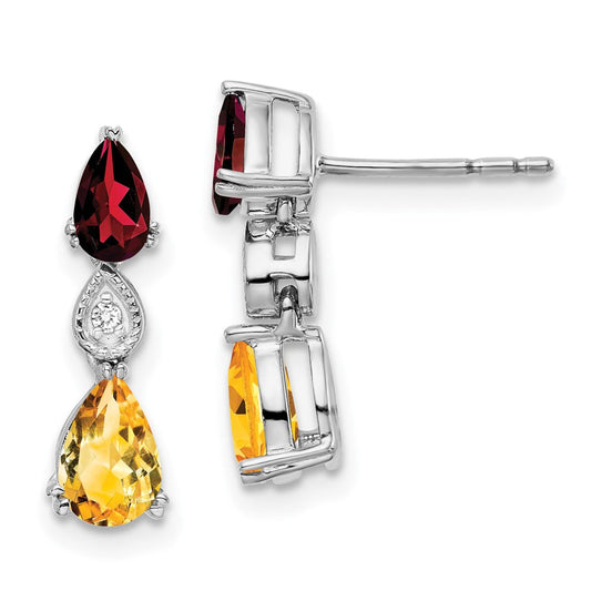 14k White Gold Garnet/Citrine/Real Diamond Earrings