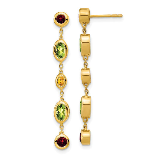 14k Yellow Gold Garnet/Peridot/Citrine Dangle Earrings