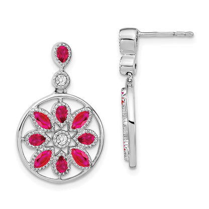 14k White Gold Ruby and Real Diamond Floral Dangle Earrings