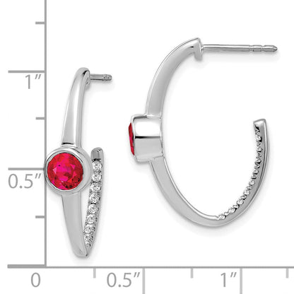14k White Gold Created Ruby and Real Diamond J-Hoop Earrings