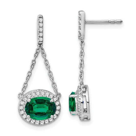 14k White Gold Oval Created Emerald and Real Diamond Dangle Earrings