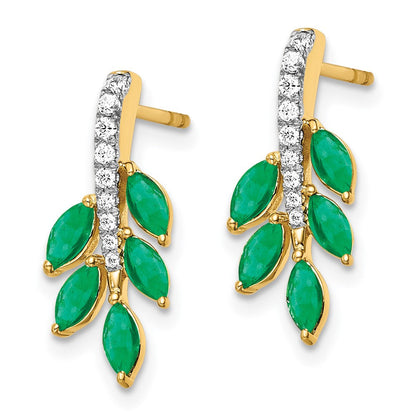 14k Yellow Gold Emerald and Real Diamond Leaf Earrings