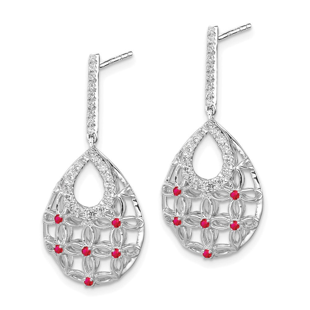 14k White Gold Ruby and Real Diamond Dangle Earrings