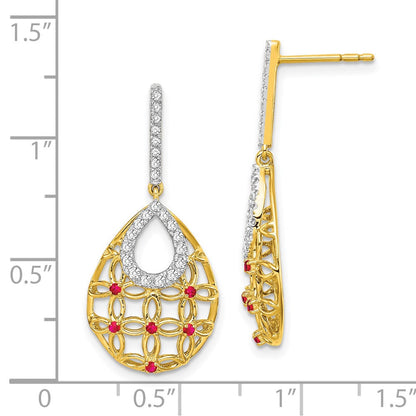 14k Yellow Gold Ruby and Real Diamond Dangle Earrings