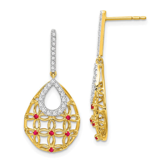 14k Yellow Gold Ruby and Real Diamond Dangle Earrings