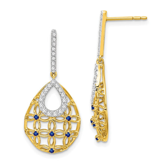 14k Yellow Gold Sapphire and Real Diamond Dangle Earrings