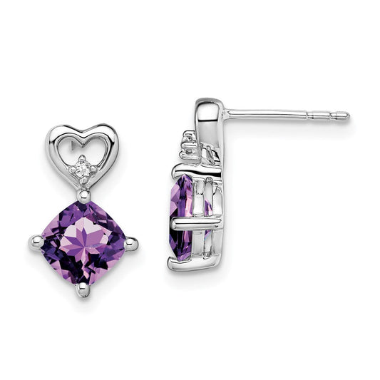 14k White Gold Amethyst and Real Diamond Heart Earrings