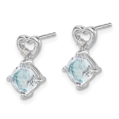 Solid 14k White Gold Simulated Aquamarine and CZ Heart Earrings