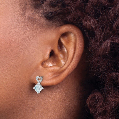 Solid 14k White Gold Simulated Aquamarine and CZ Heart Earrings