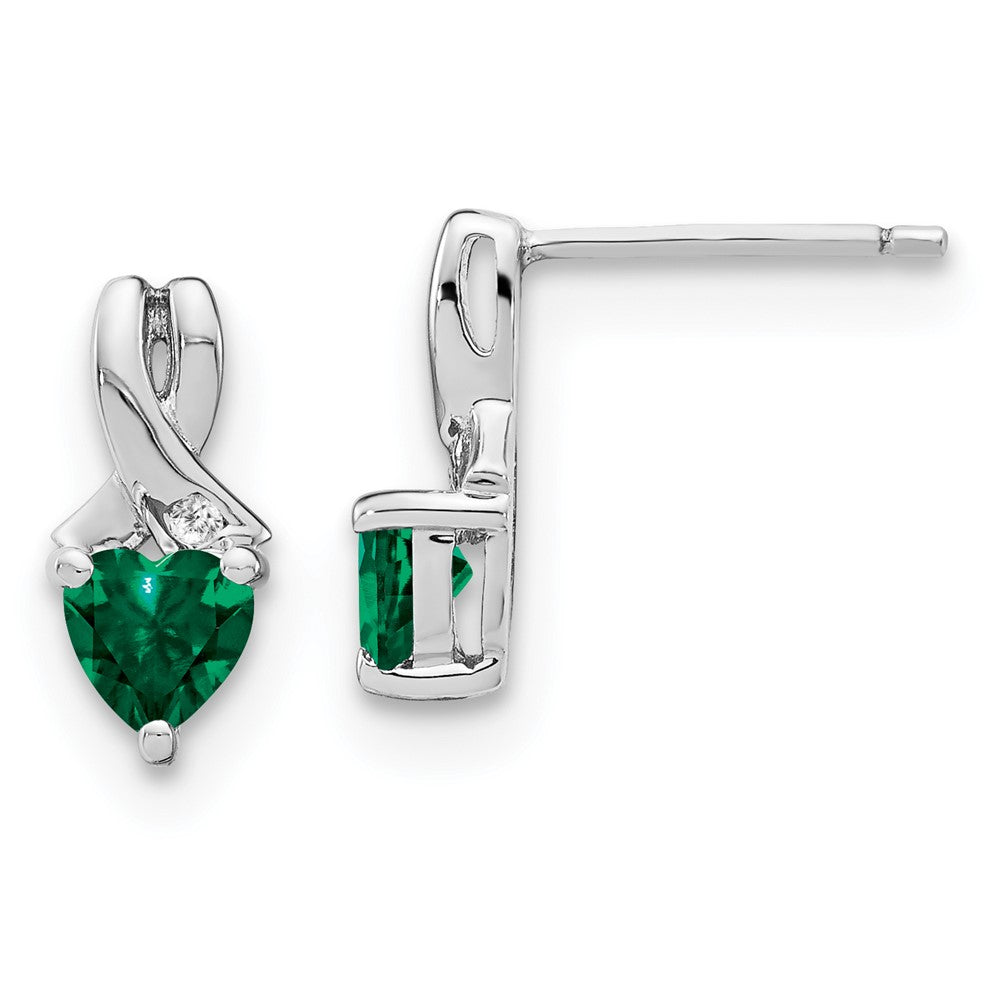 Sterling Silver Created Emerald and Real Diamond Earrings