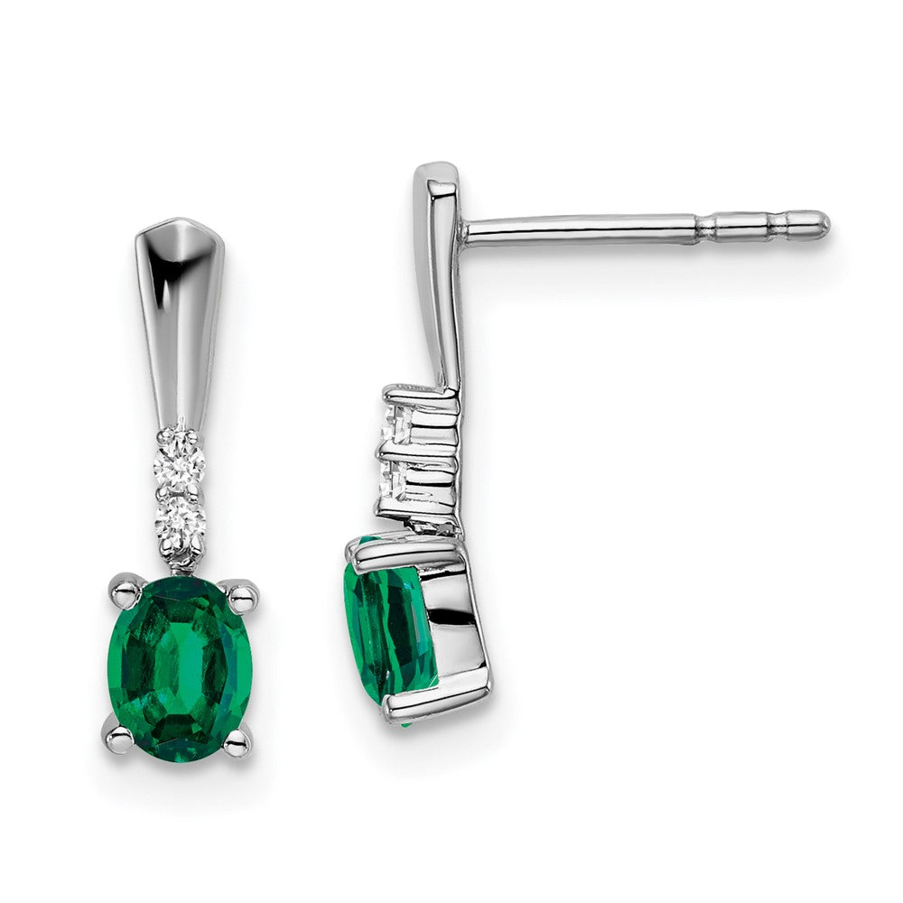 14k White Gold Oval Created Emerald and Real Diamond Dangle Earrings