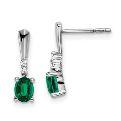 14k White Gold Oval Created Emerald and Real Diamond Dangle Earrings