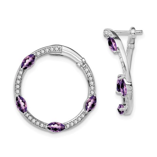 14k White Gold Amethyst and Real Diamond Hoop Earrings