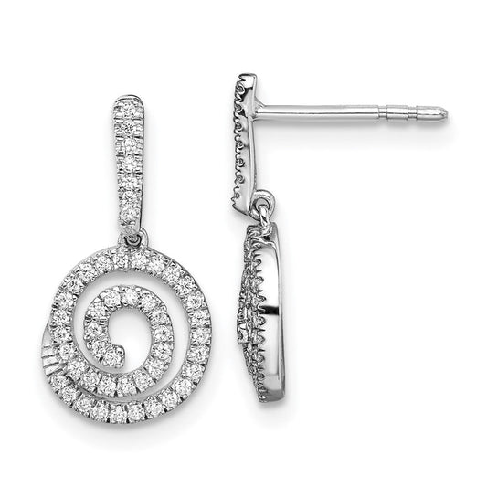 14k White Gold Circle Swirl Real Diamond Dangle Post Earrings