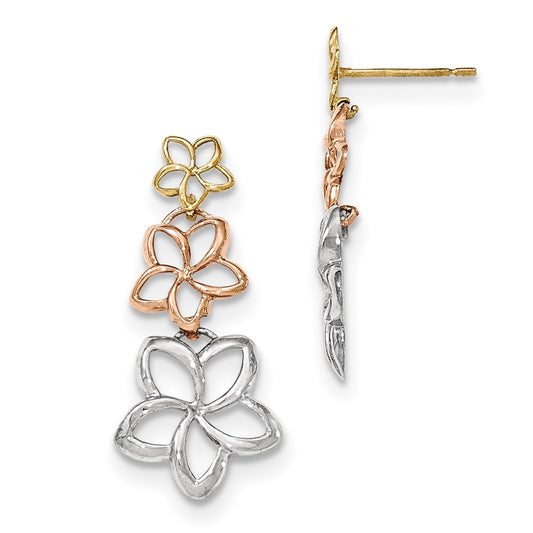 14k Tri-Color Gold Polished D/C Flower Post Dangle Earrings