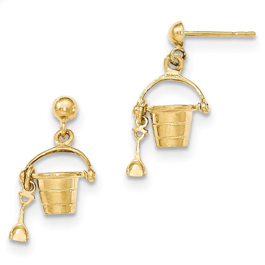 14k Yellow Gold Gold Polished & Textured Beach Bucket w/shovel Dangle Post Earrings