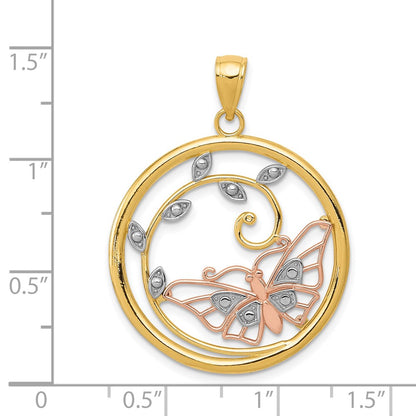 14k Two-tone Gold w/White Rhodium Butterfly in Circle Pendant