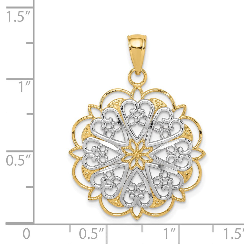 14k Yellow & Rhodium Gold w/Rhodium Filigree Hearts W/Scalloped Edge ...