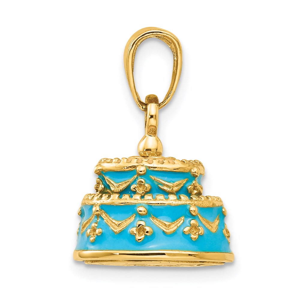 14k Yellow Gold 3-D Aqua Blue Enameled HAPPY BIRTHDAY Cake Pendant