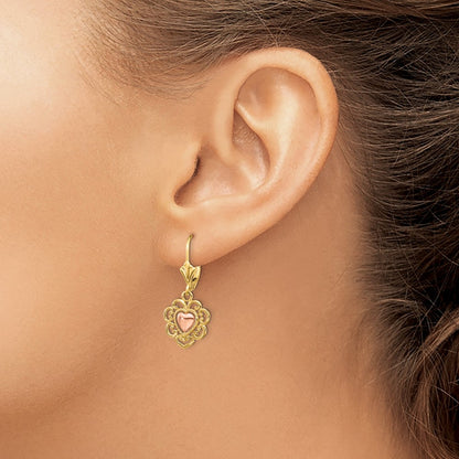 14k Two-tone Gold Heart with Lace Trim Leverback Earrings