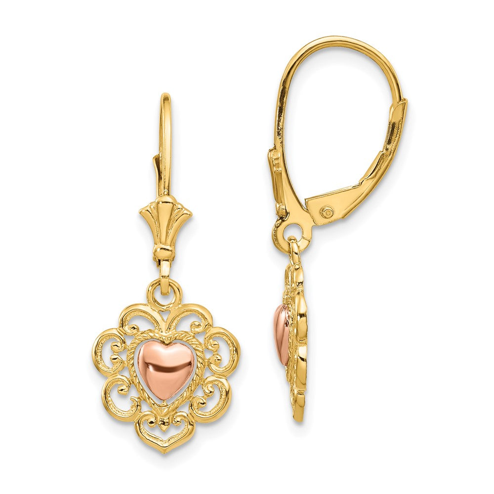 14k Two-tone Gold Heart with Lace Trim Leverback Earrings