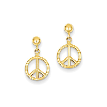 14k Yellow Gold Polished Peace Symbol Dangle Post Earrings