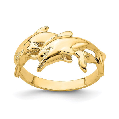 14K Yellow Gold Polished Double Dolphin Ring